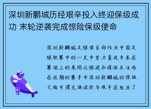 深圳新鹏城历经艰辛投入终迎保级成功 末轮逆袭完成惊险保级使命